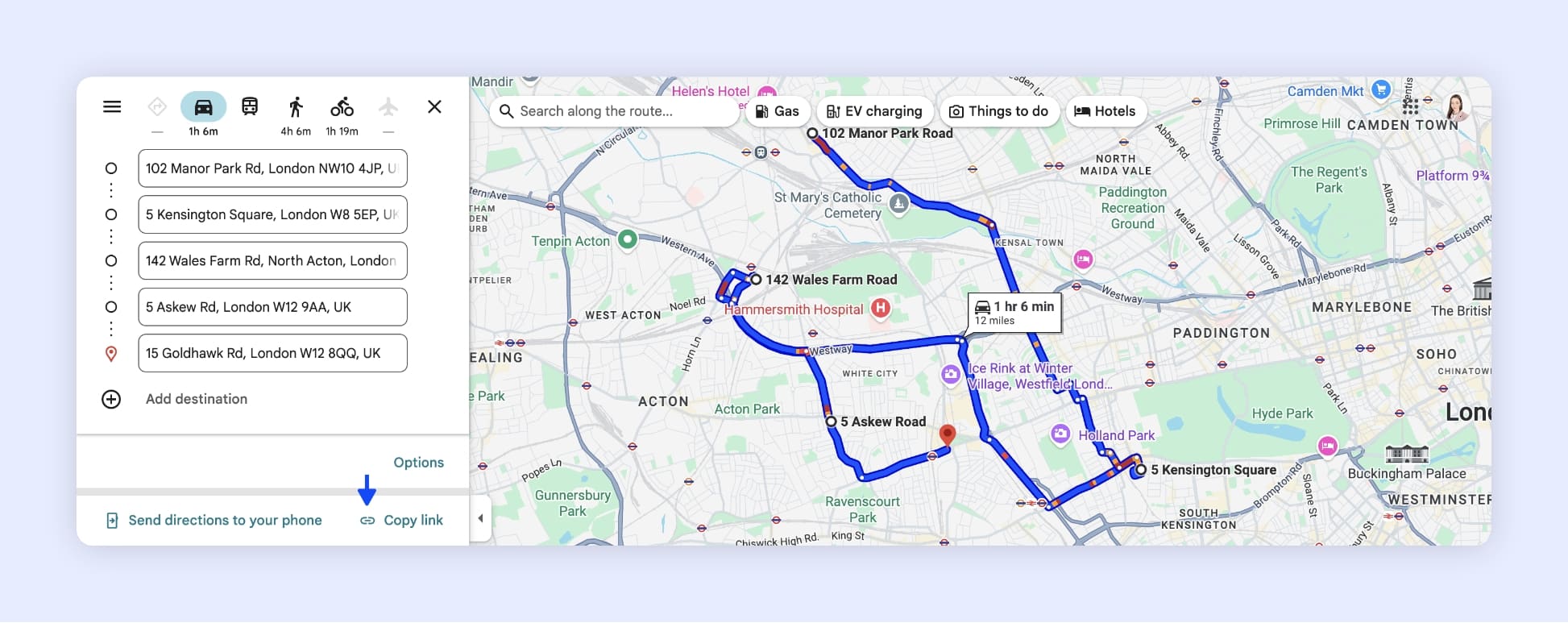 The Google Maps interface showing the sharing of a route in London.