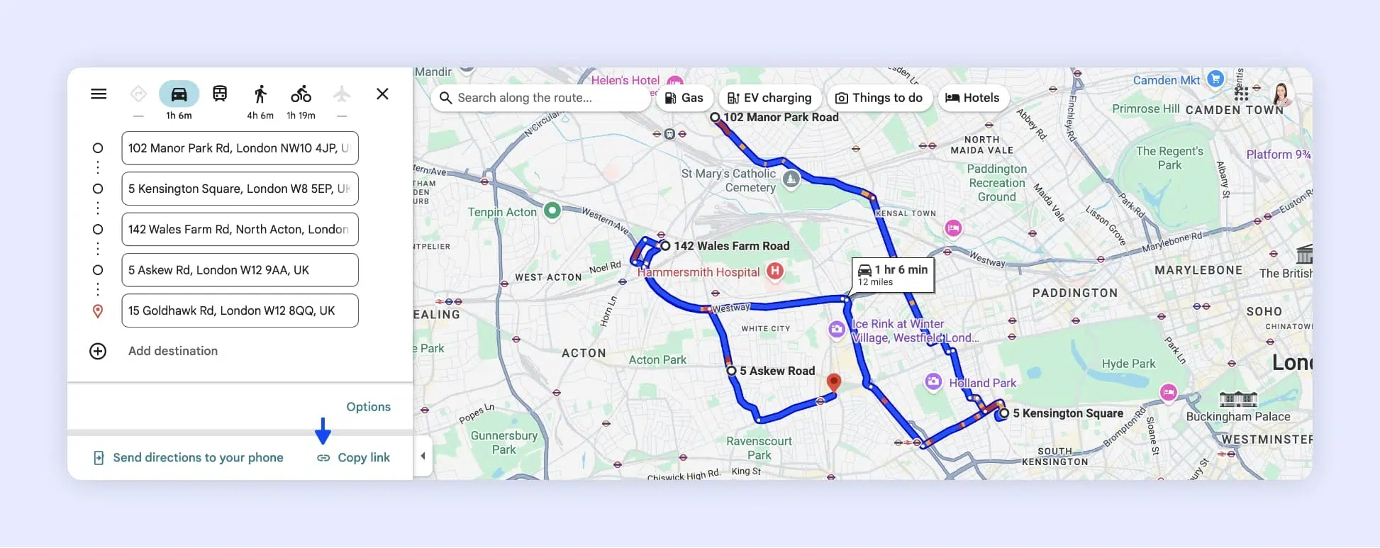 The Google Maps interface showing the sharing of a route in London.