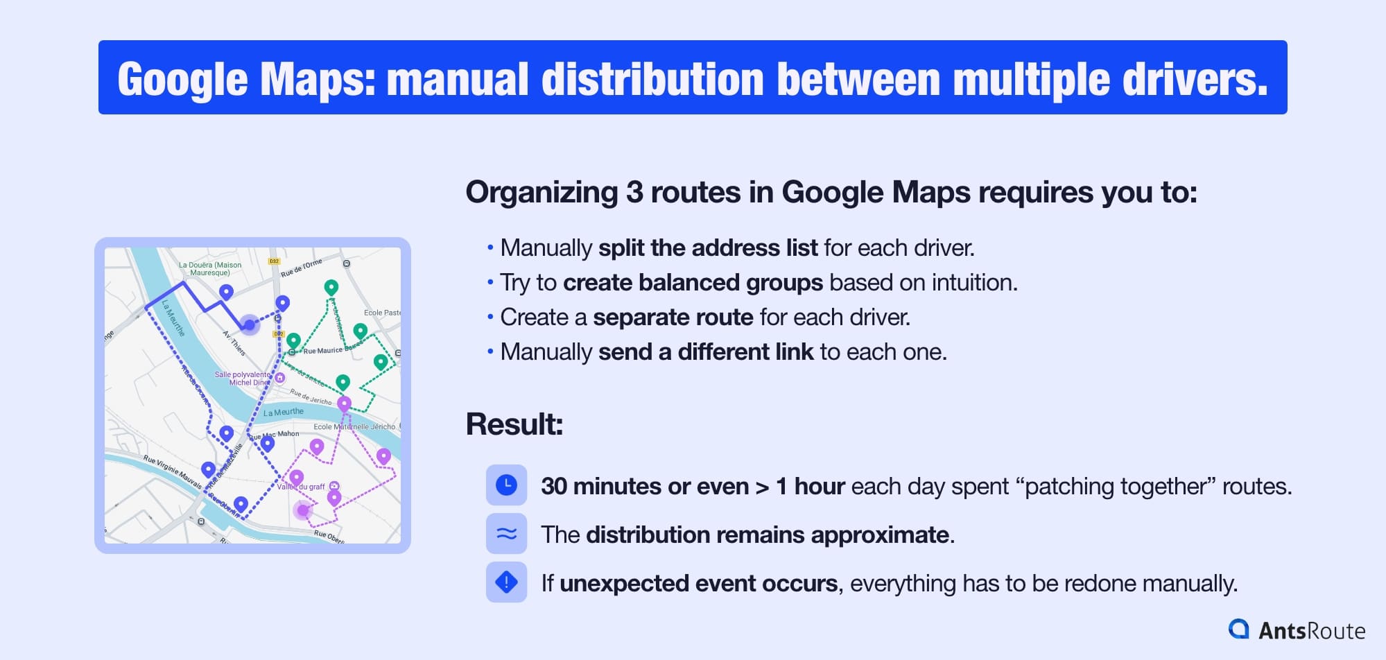 Infographic showing how to organize routes for three drivers using Google Maps.