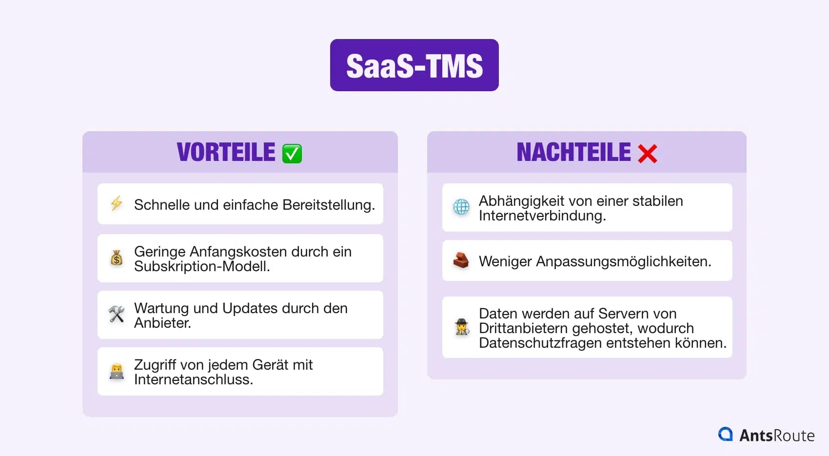 Schema mit den Vor- und Nachteilen von TMS SaaS.