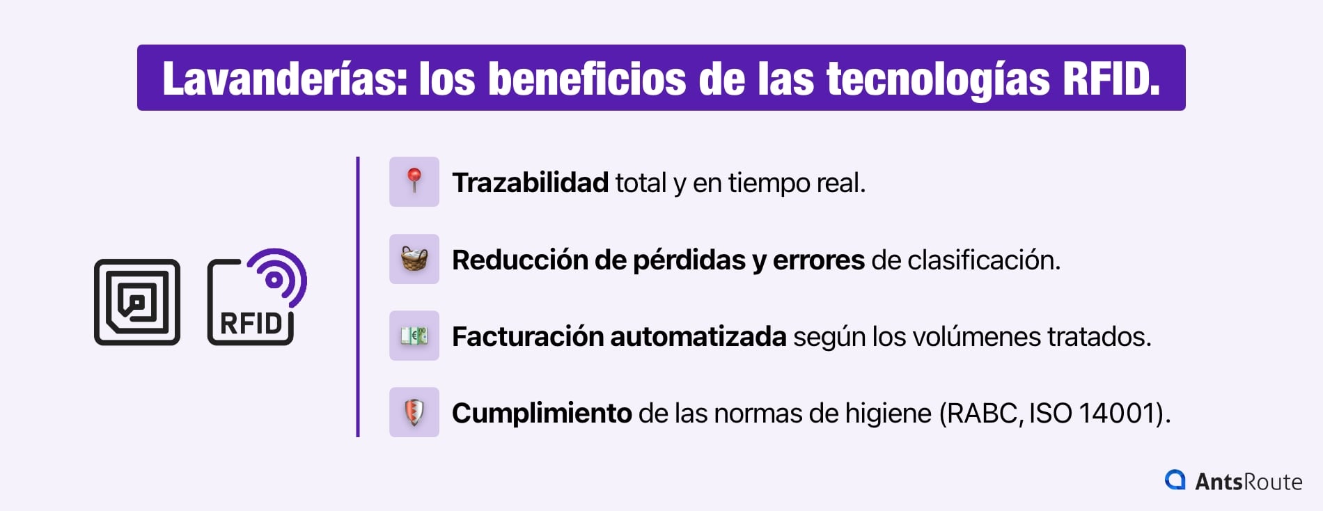 Ilustración que presenta los 4 beneficios de los chips RFID para la trazabilidad textil.