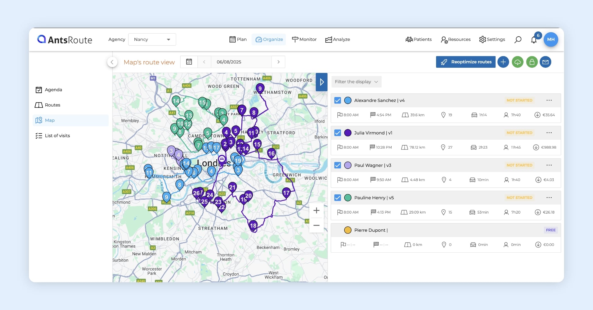 The AntsRoute route optimization software showing three home physiotherapy routes on a map.