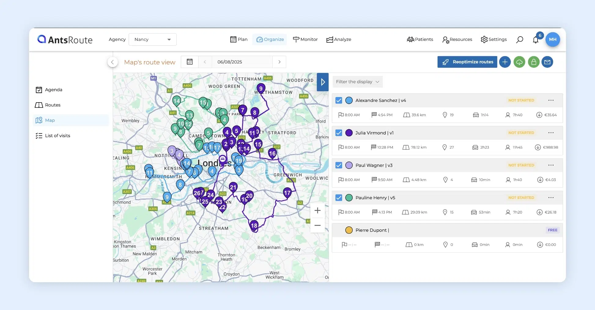 The AntsRoute route optimization software showing three home physiotherapy routes on a map.