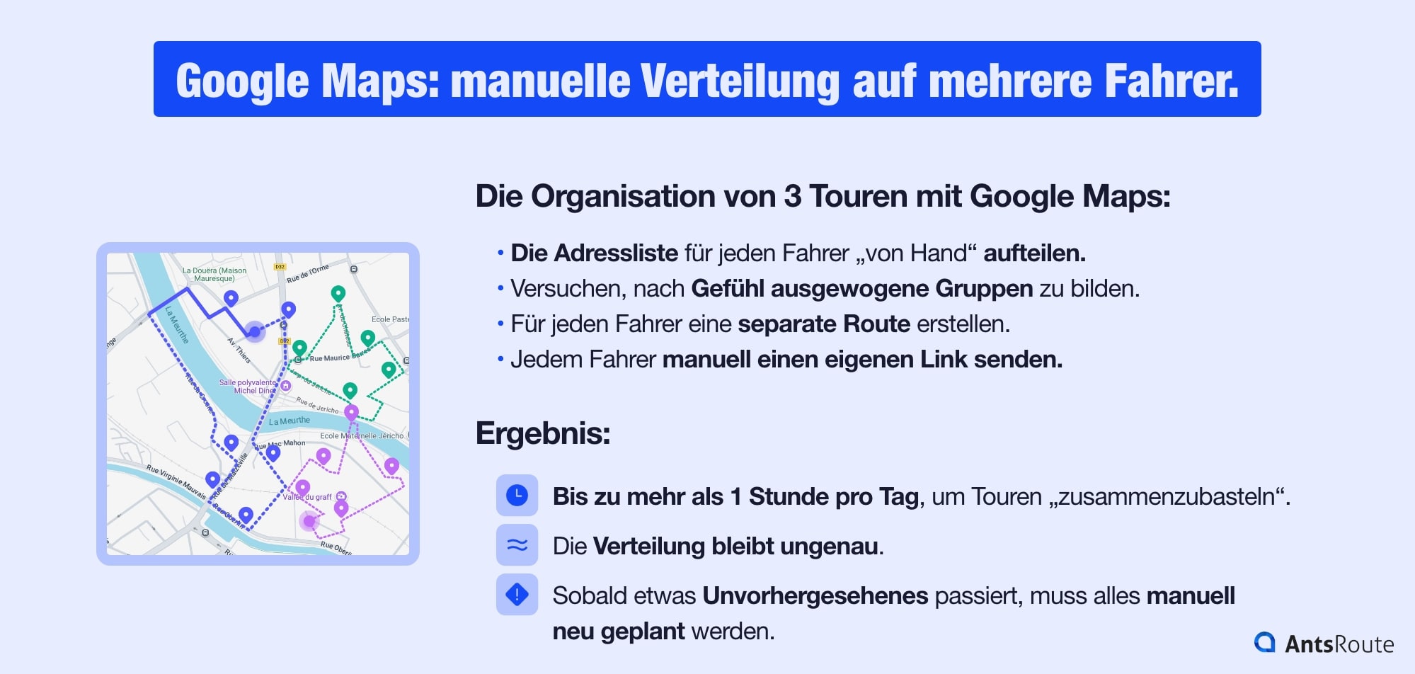 Infografik, die zeigt, wie man Touren für drei Fahrer mit Google Maps organisiert.