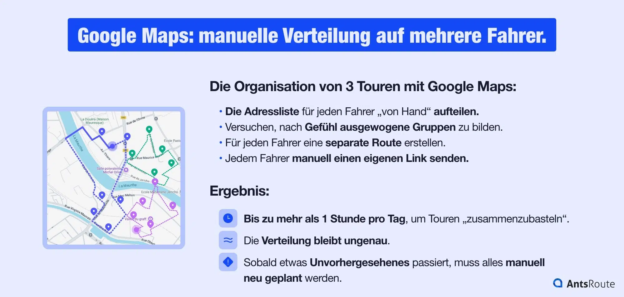 Infografik, die zeigt, wie man Touren für drei Fahrer mit Google Maps organisiert.