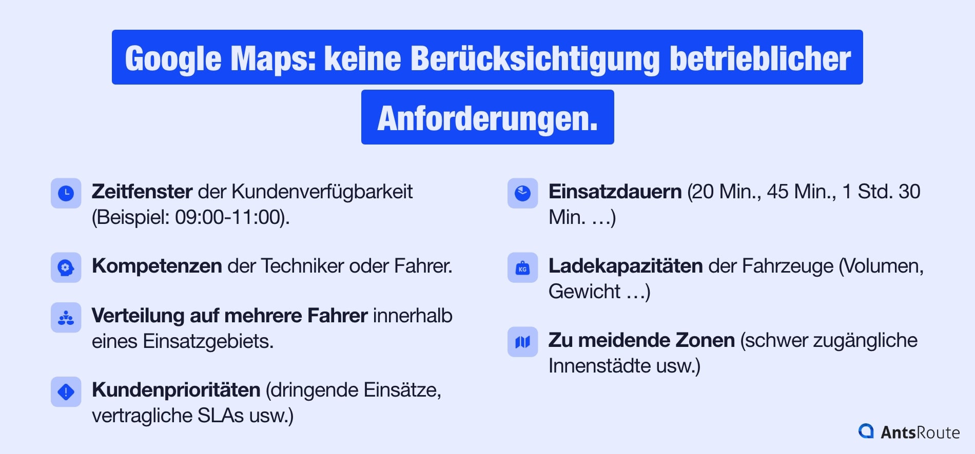 Infografik, die zeigt, dass Google Maps keine betrieblichen Anforderungen berücksichtigt: Zeitfenster der Verfügbarkeit, Kompetenzen der Techniker, Verteilung auf mehrere Fahrer, Kundenprioritäten usw.