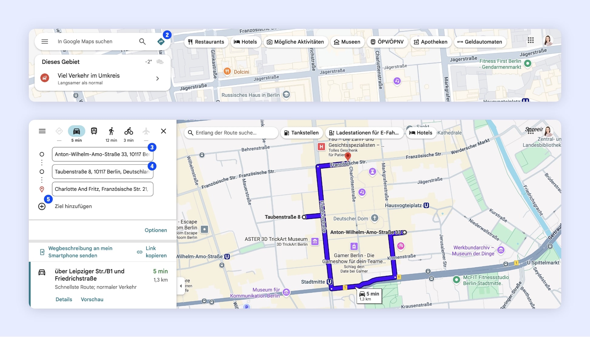 Die Google-Maps-Oberfläche zeigt die verschiedenen Schritte zur Erstellung einer Route mit mehreren Stopps, dargestellt durch blaue, nummerierte Kreise entsprechend der Reihenfolge der Stopps.