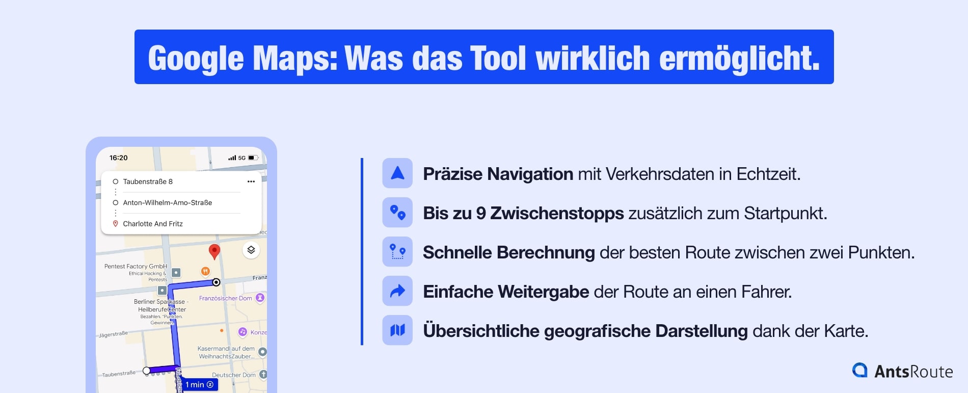 Infografik zu den wichtigsten Funktionen von Google Maps: Navigation mit Verkehrsdaten, 10 Stopps und schnelle Berechnung der besten Route auf der Karte.