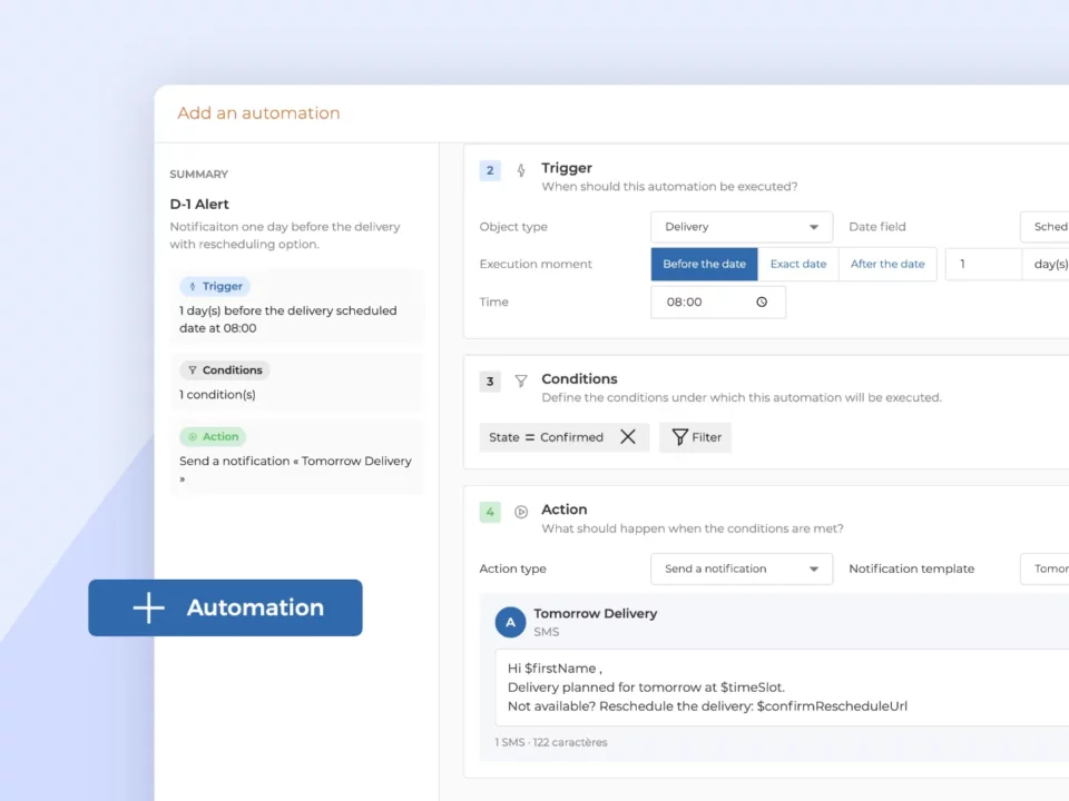 AntsRoute automation settings with a trigger, condition and automatic SMS reminder before a scheduled delivery