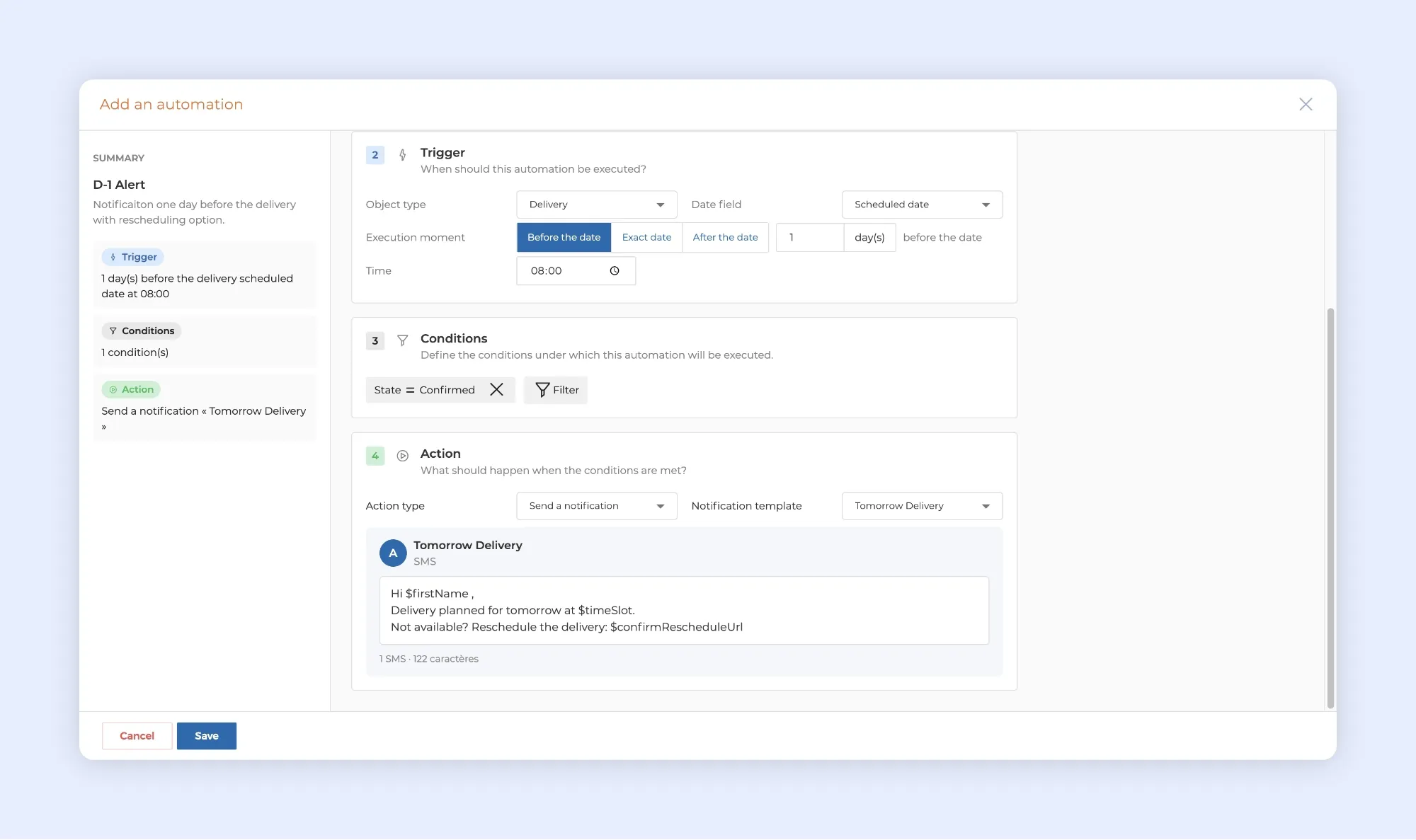 AntsRoute automation setup for sending an SMS reminder one day before a confirmed delivery with a rescheduling link