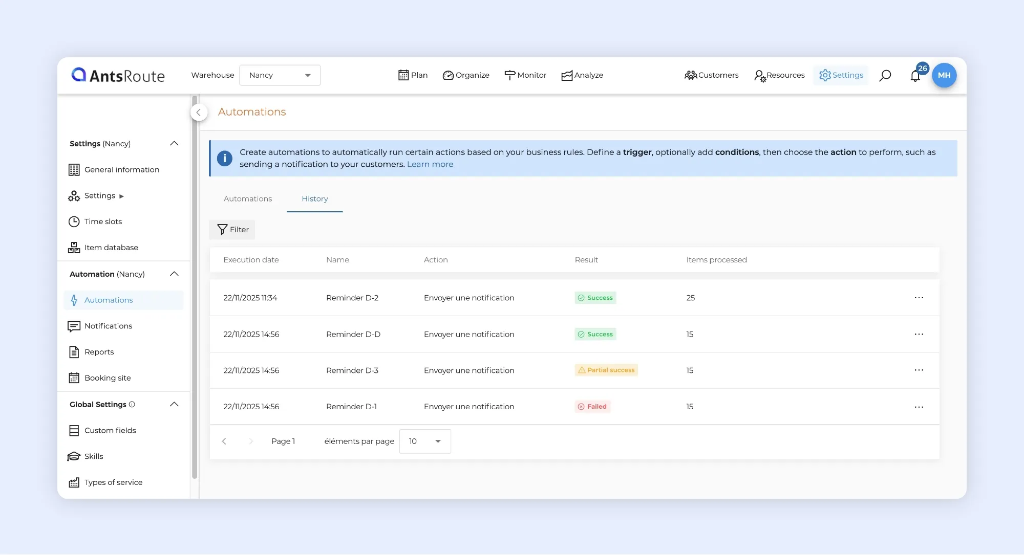 AntsRoute automation history showing notification execution dates, results and number of items processed