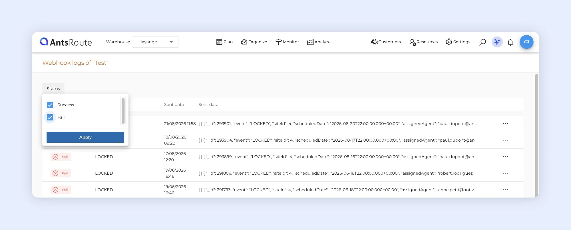 AntsRoute webhook logs with status filters for successful and failed data transmissions