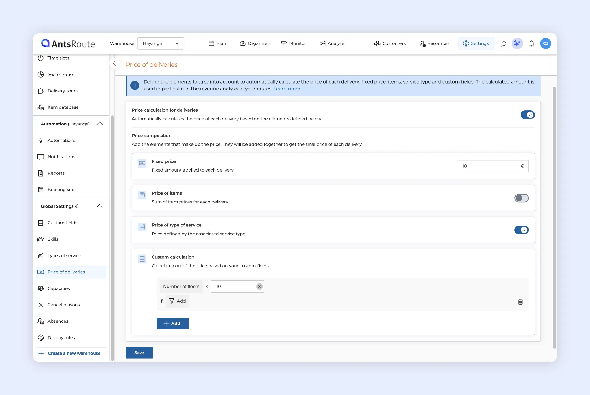 AntsRoute settings for automatically calculating delivery prices based on fixed fees, service types and custom fields.