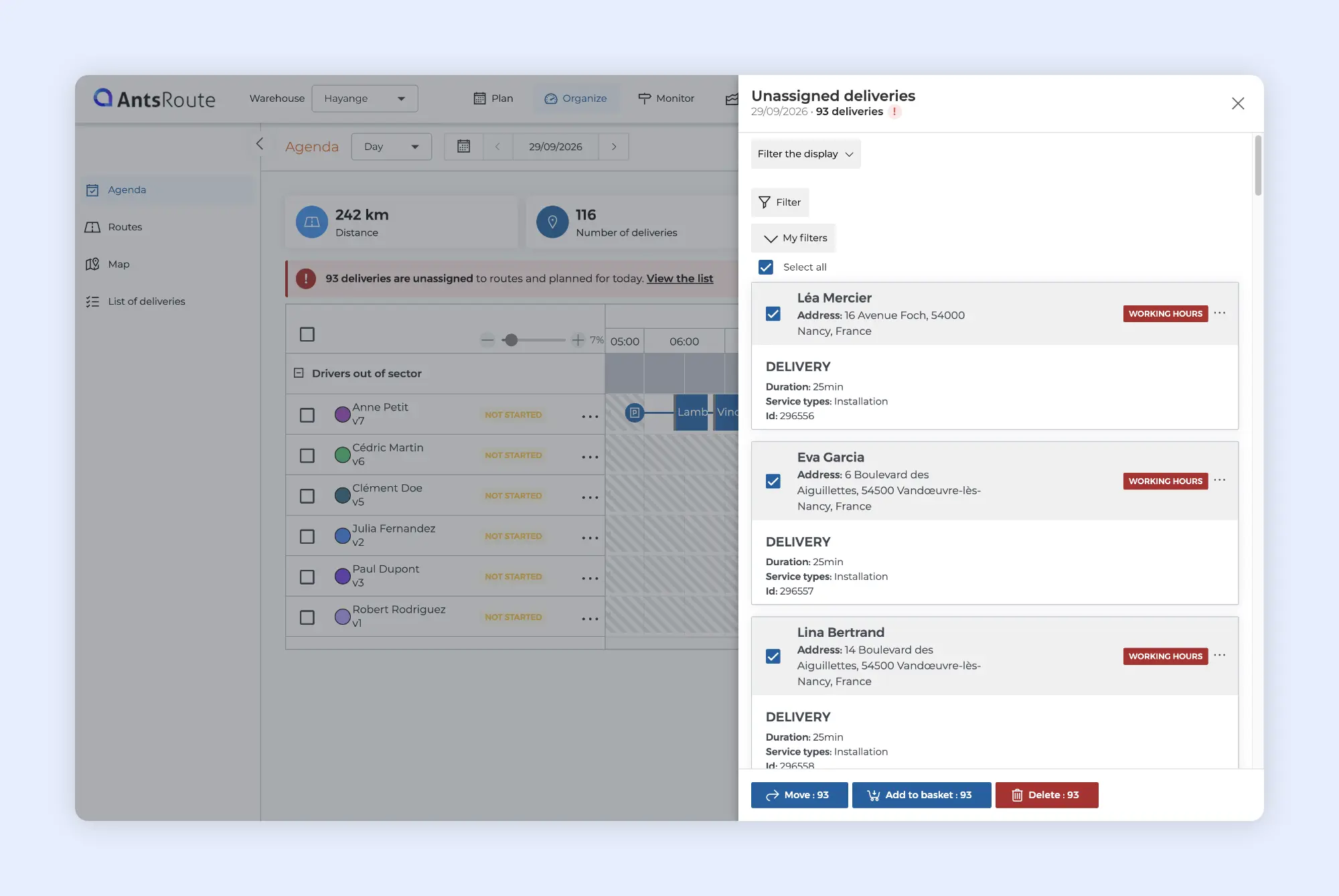 AntsRoute dashboard showing unassigned deliveries due to working hours, with options to move, reschedule or delete jobs.
