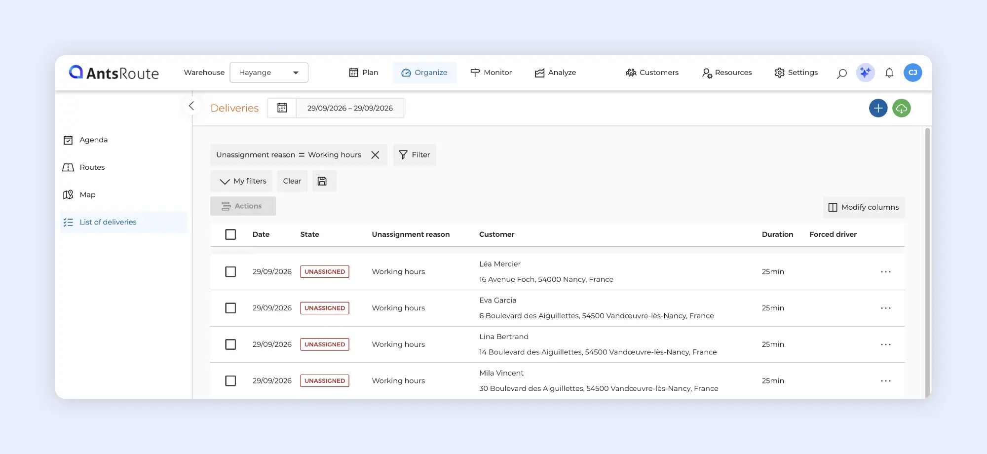 AntsRoute delivery list filtered to show unassigned jobs caused by field workers' working hour constraints.