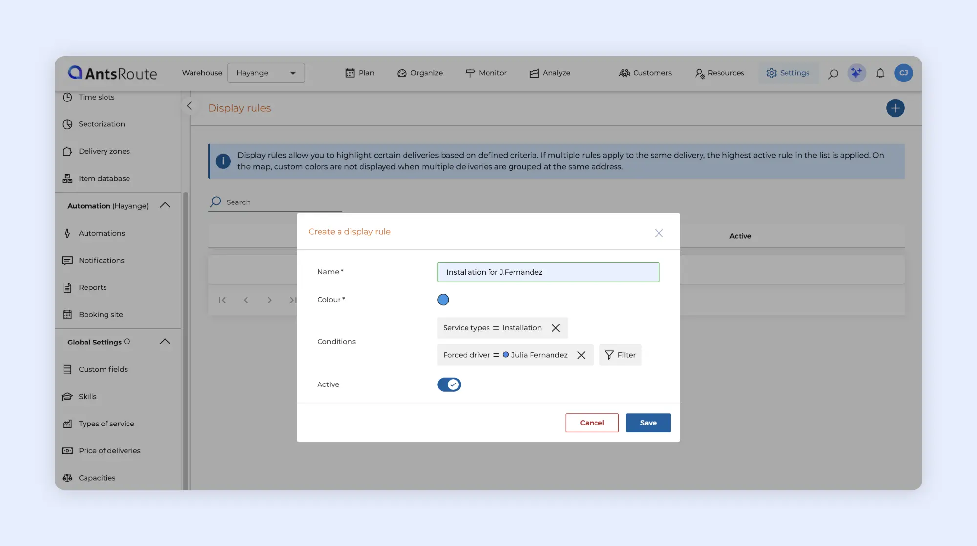 Creating a display rule in AntsRoute to highlight installation jobs assigned to a specific field worker.