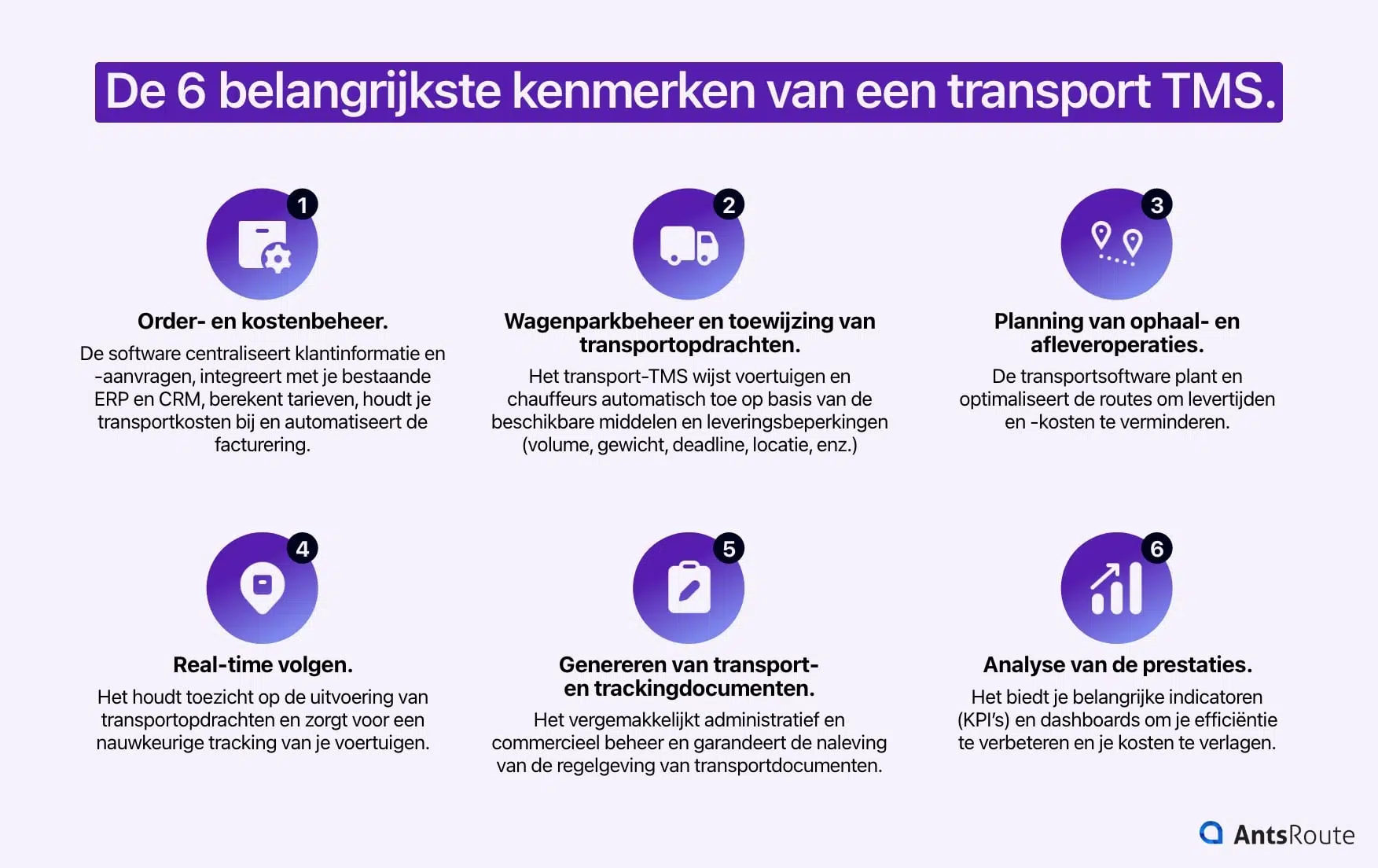 Diagram met de 6 belangrijkste kenmerken van een transport TMS.