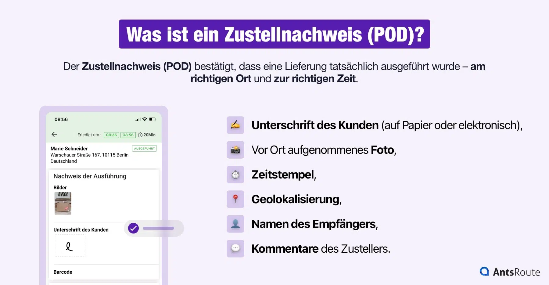 Die Elemente, aus denen ein Zustellnachweis besteht.