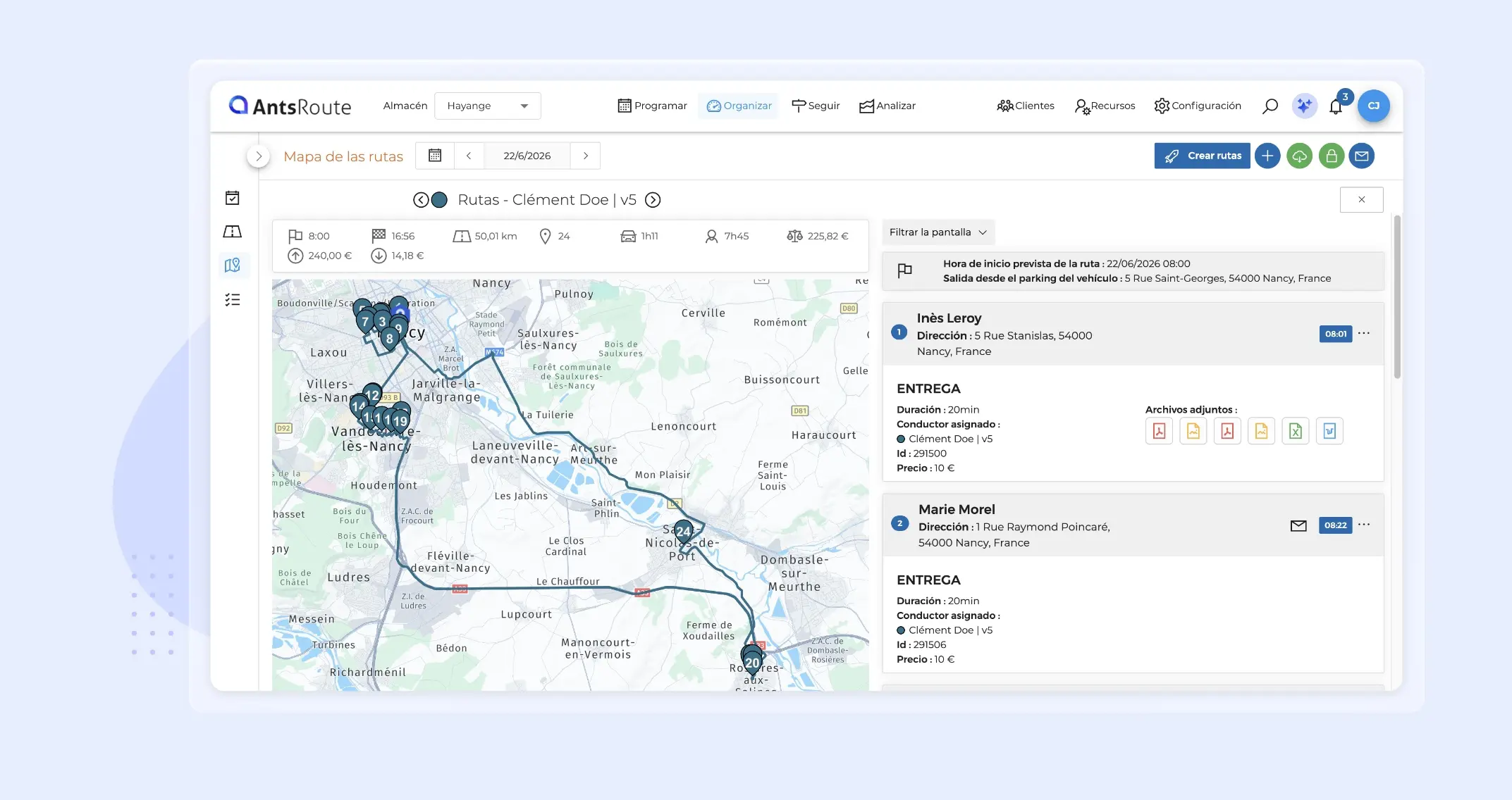 Mapa de rutas que muestra el itinerario de un conductor, las paradas planificadas en un mapa interactivo y el detalle de las entregas con sus archivos adjuntos.