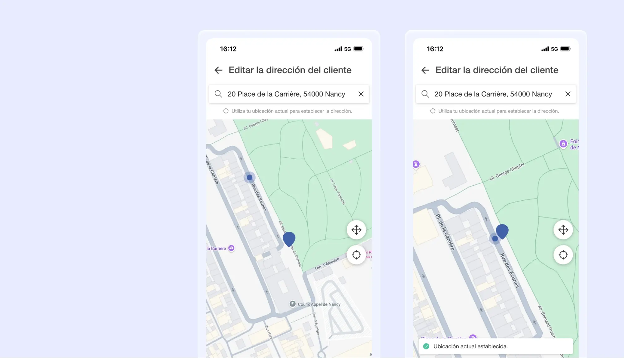 Pantalla de la aplicación móvil de AntsRoute que permite modificar la dirección de un cliente en un mapa interactivo y definir su ubicación actual mediante geolocalización.