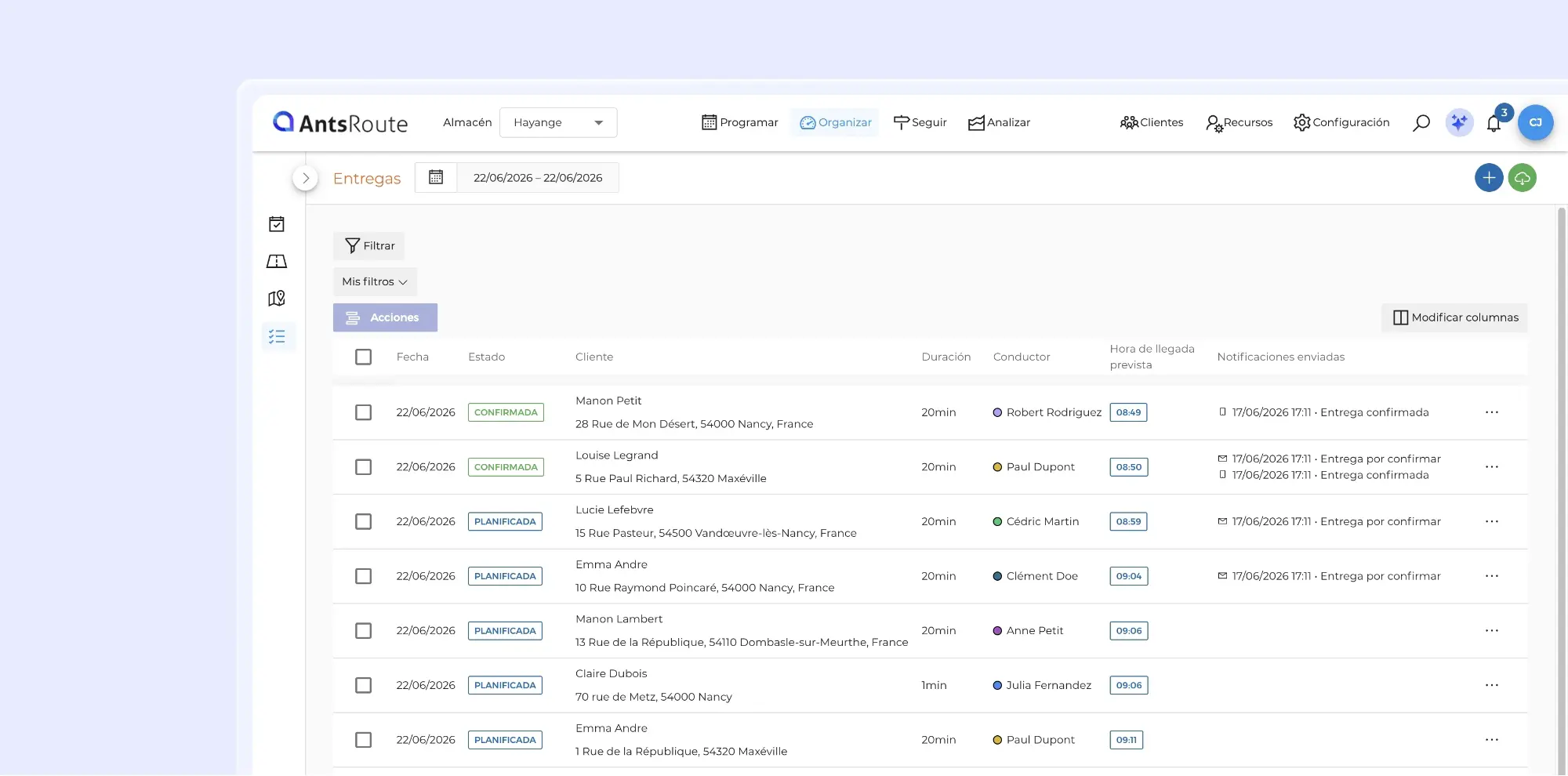 Interfaz de gestión de entregas que muestra la lista de citas planificadas y confirmadas, con las horas de llegada, los conductores asignados y el historial de notificaciones enviadas a los clientes.