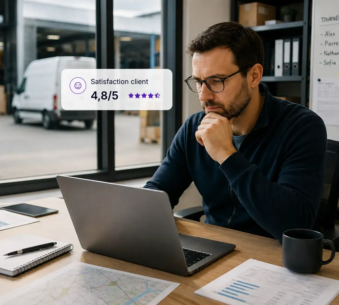 Responsable logistique analysant le niveau de satisfaction client liée aux livraisons