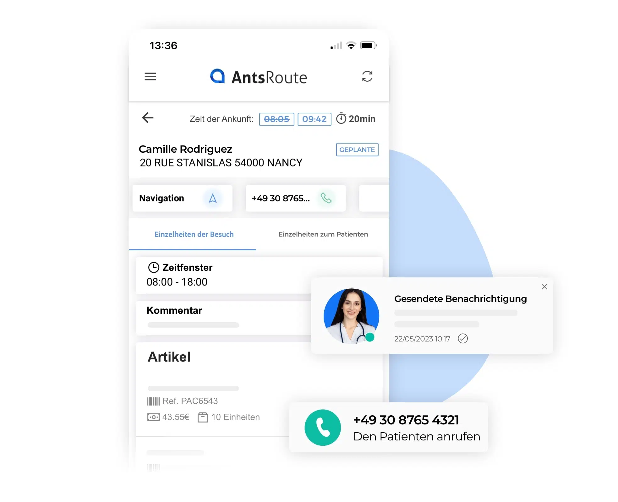 Die mobile AntsRoute-App zeigt die Besuchsdetails an.