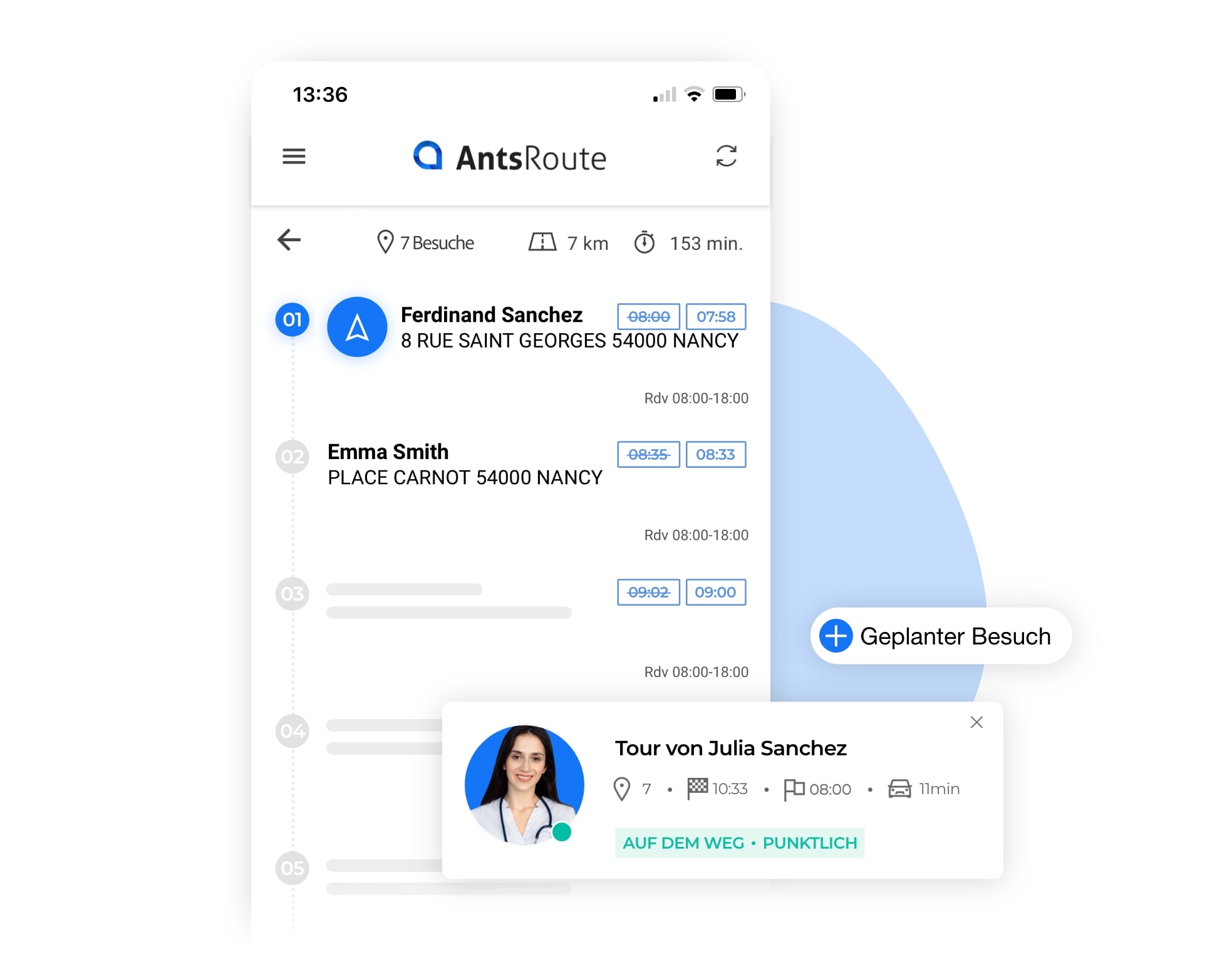Die mobile Anwendung AntsRoute zeigt eine Liste der durchzuführenden Besuche an.