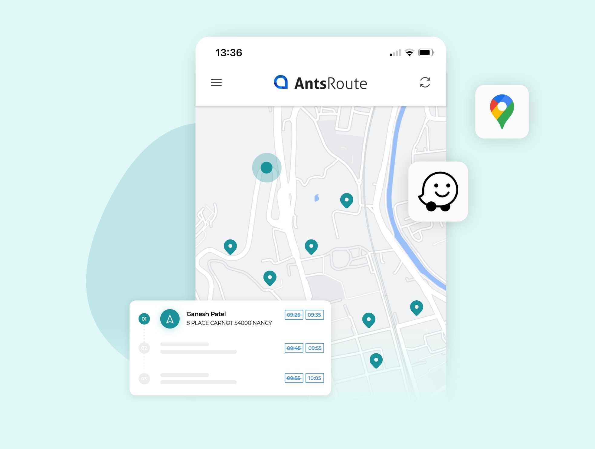 Die mobile Anwendung AntsRoute, die eine Route auf einer Karte zeigt.