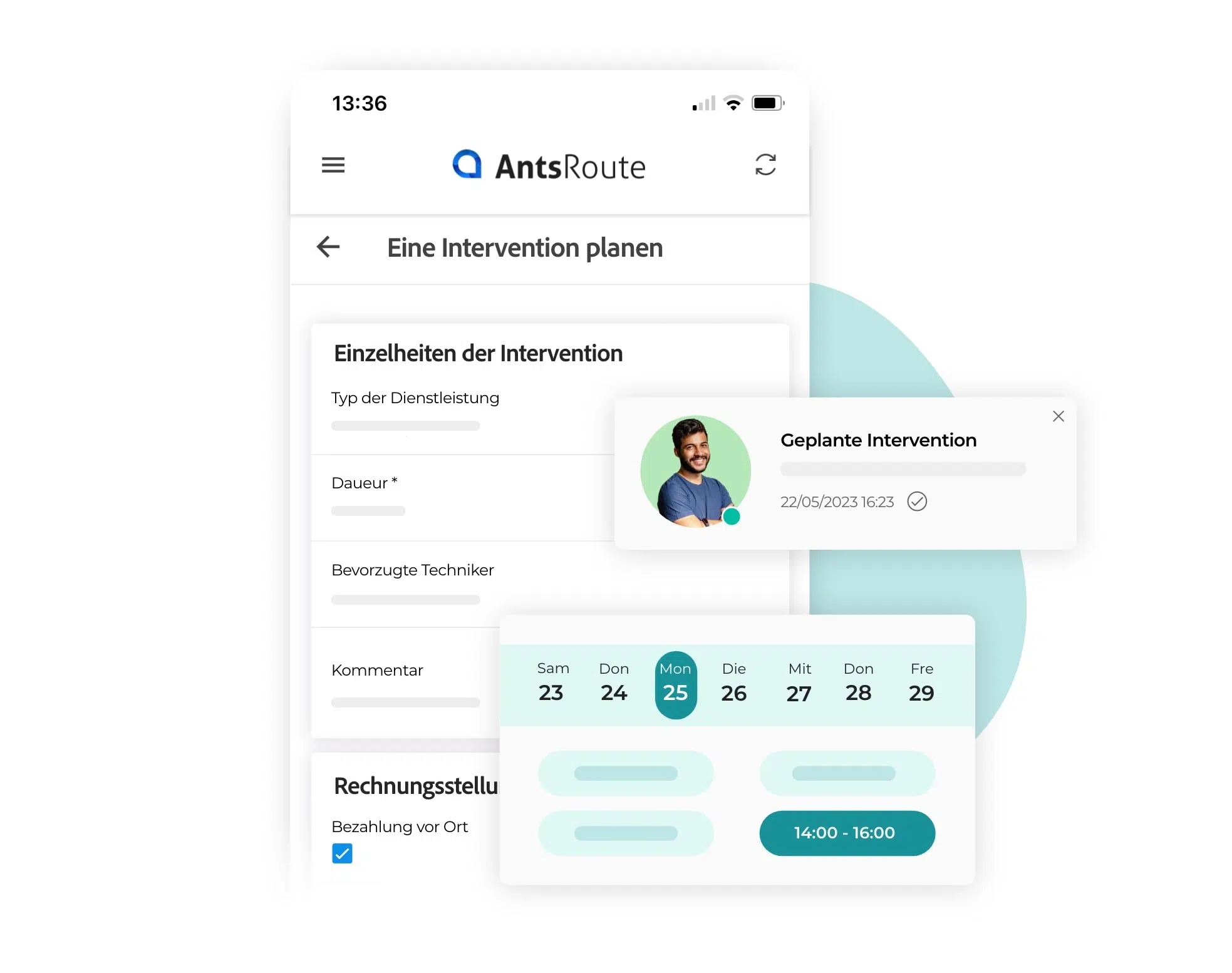 Die mobile Anwendung AntsRoute, die die Planung eines Einsatzes zeigt.