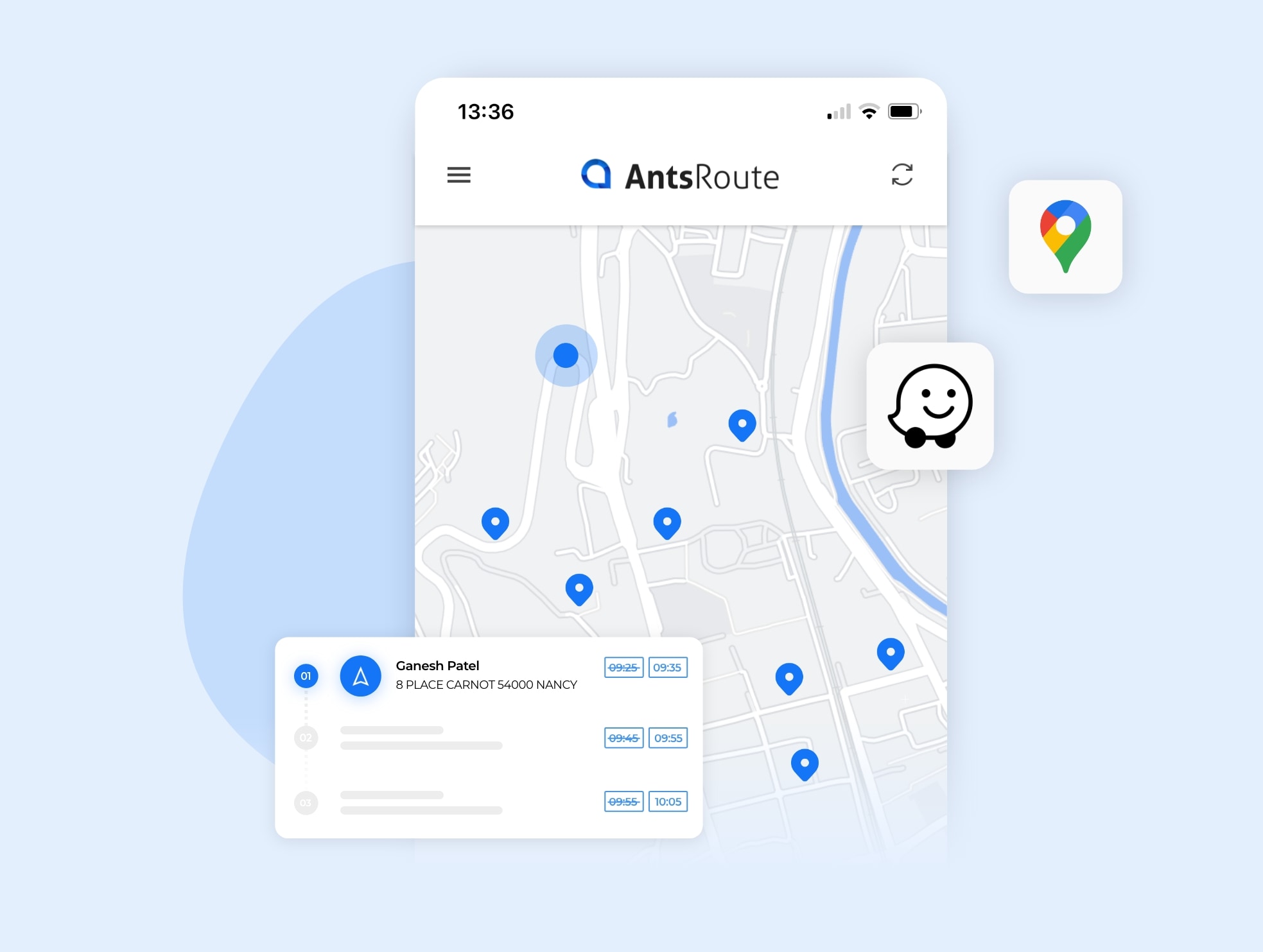 La aplicación móvil AntsRoute que muestra una ruta de visita domiciliaria en un mapa.