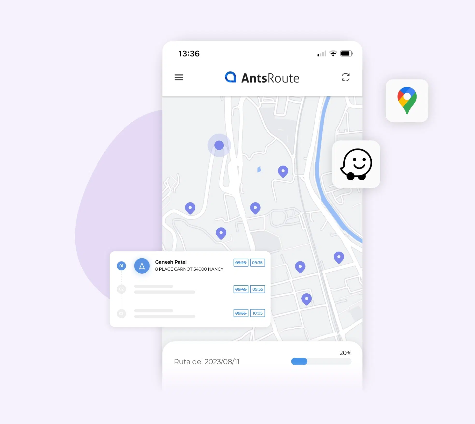 La aplicación móvil AntsRoute muestra una ruta en un mapa.