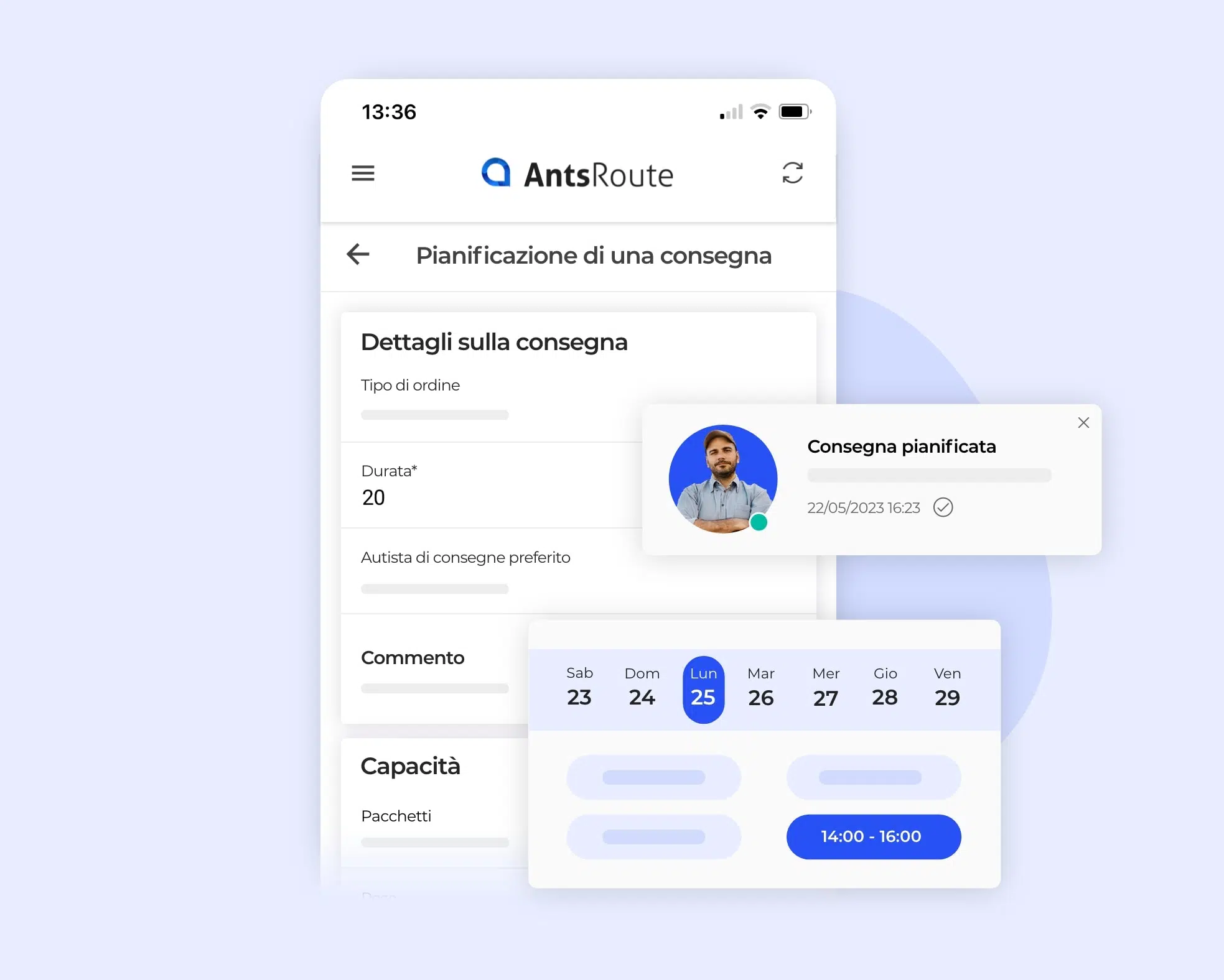 Pianificazione di un appuntamento dall'applicazione mobile AntsRoute.