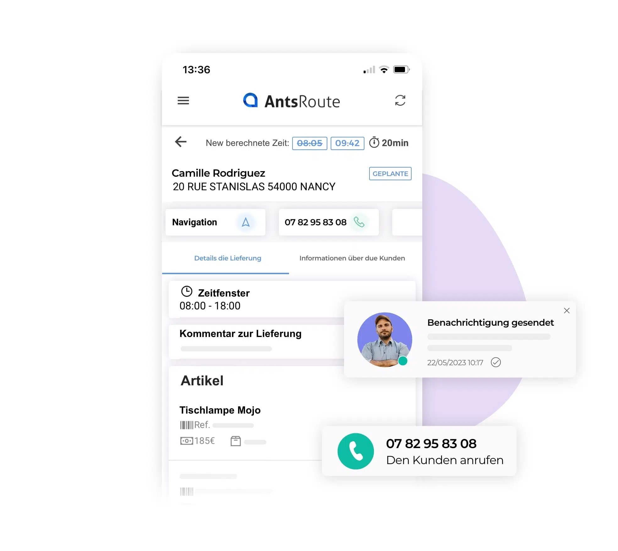 Die mobile Anwendung von AntsRoute zeigt die Details der Lieferung.