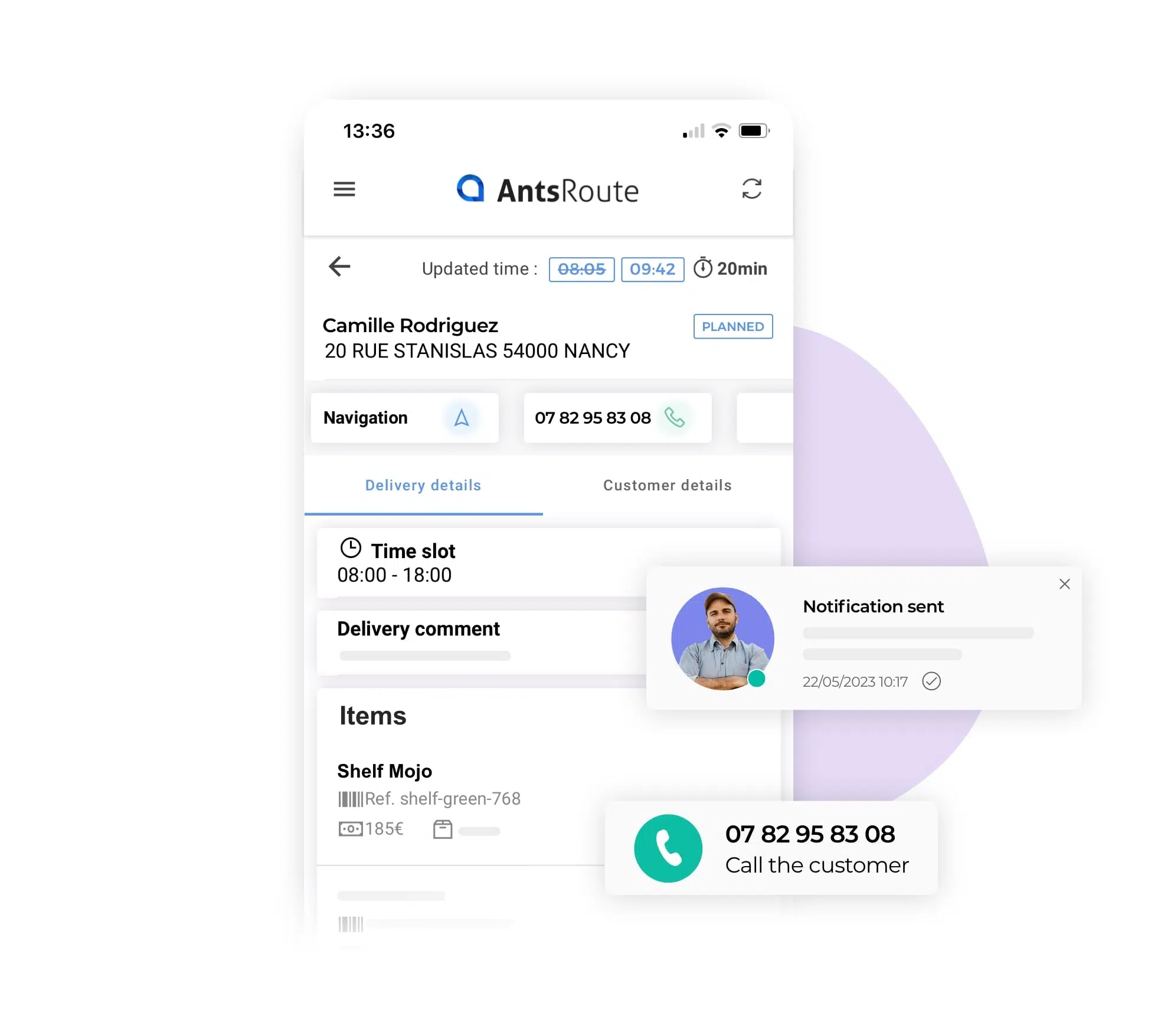 The AntsRoute mobile application showing delivery details.