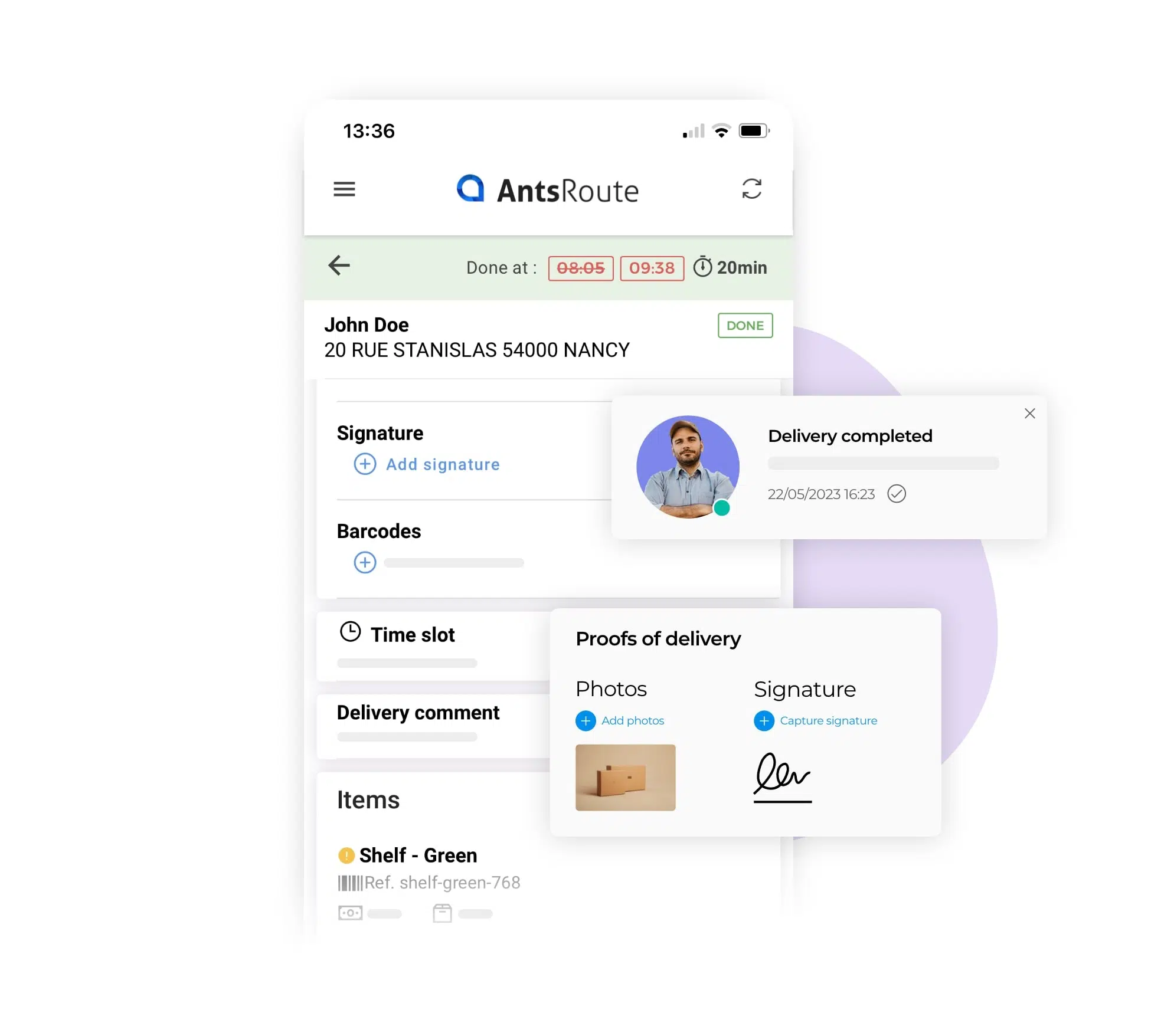 The AntsRoute mobile application showing the validation of a delivery.