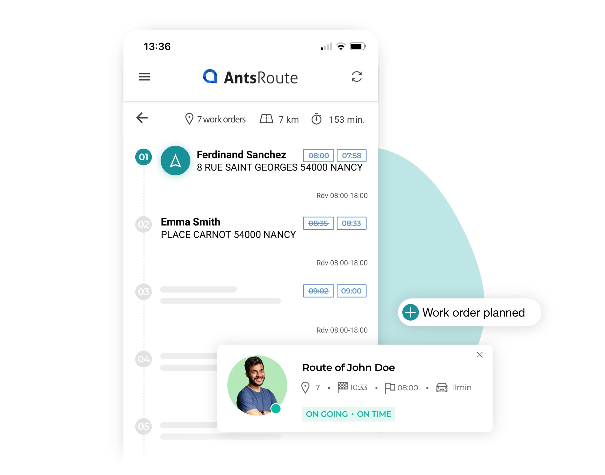 The AntsRoute mobile application showing the details of a work order.