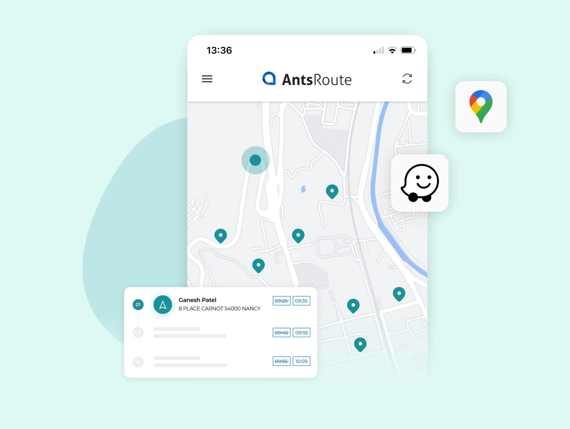The AntsRoute mobile application showing a route on a map.