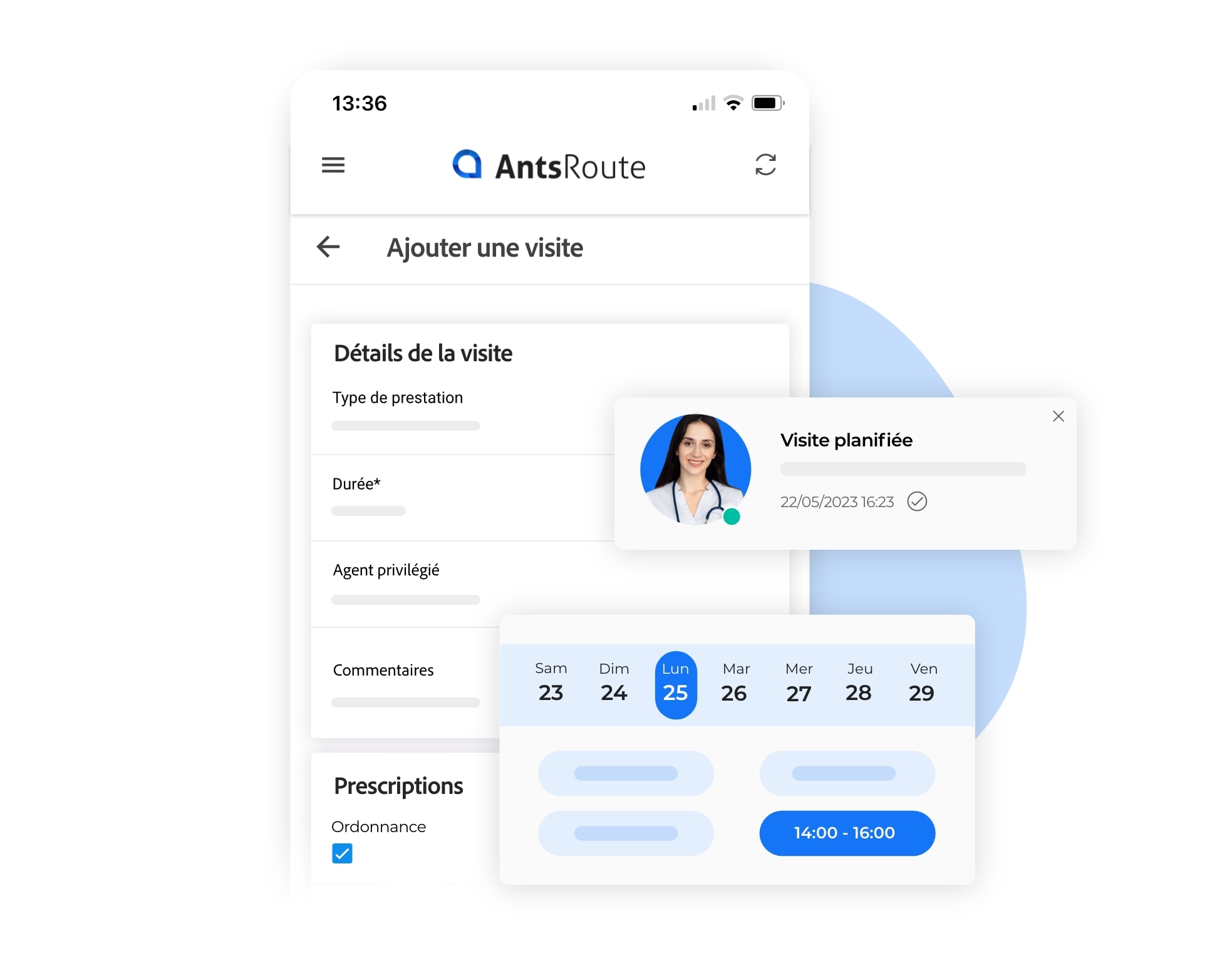 La planification d'un rendez-vous de soins à domicile depuis l'application mobile AntsRoute.