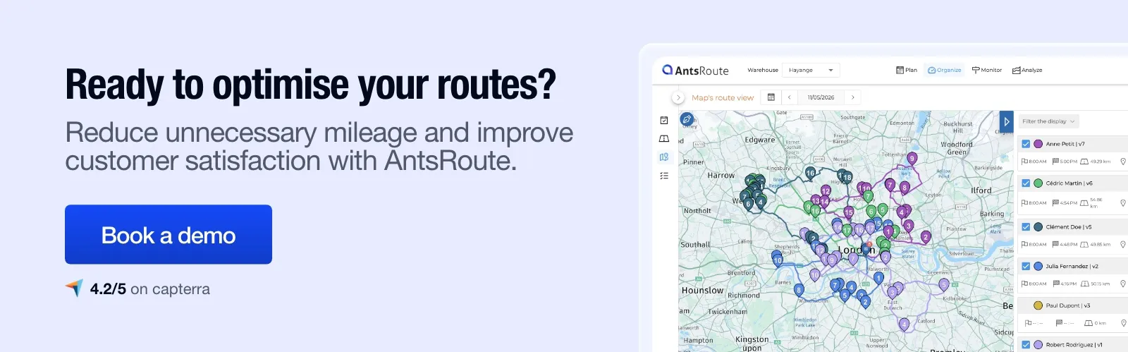 Call-to-action banner for AntsRoute featuring route optimisation software, a delivery route map interface, and a “Book a demo” button highlighting reduced mileage and improved customer satisfaction.
