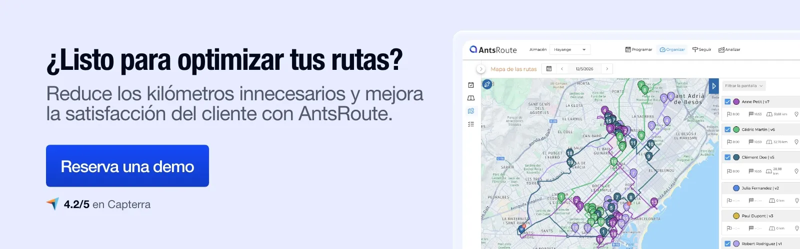 Banner promocional de AntsRoute en español con el mensaje “¿Listo para optimizar tus rutas?”, un botón azul “Reserva una demo” y una captura de la interfaz mostrando rutas optimizadas y múltiples itinerarios de reparto en un mapa de Barcelona.