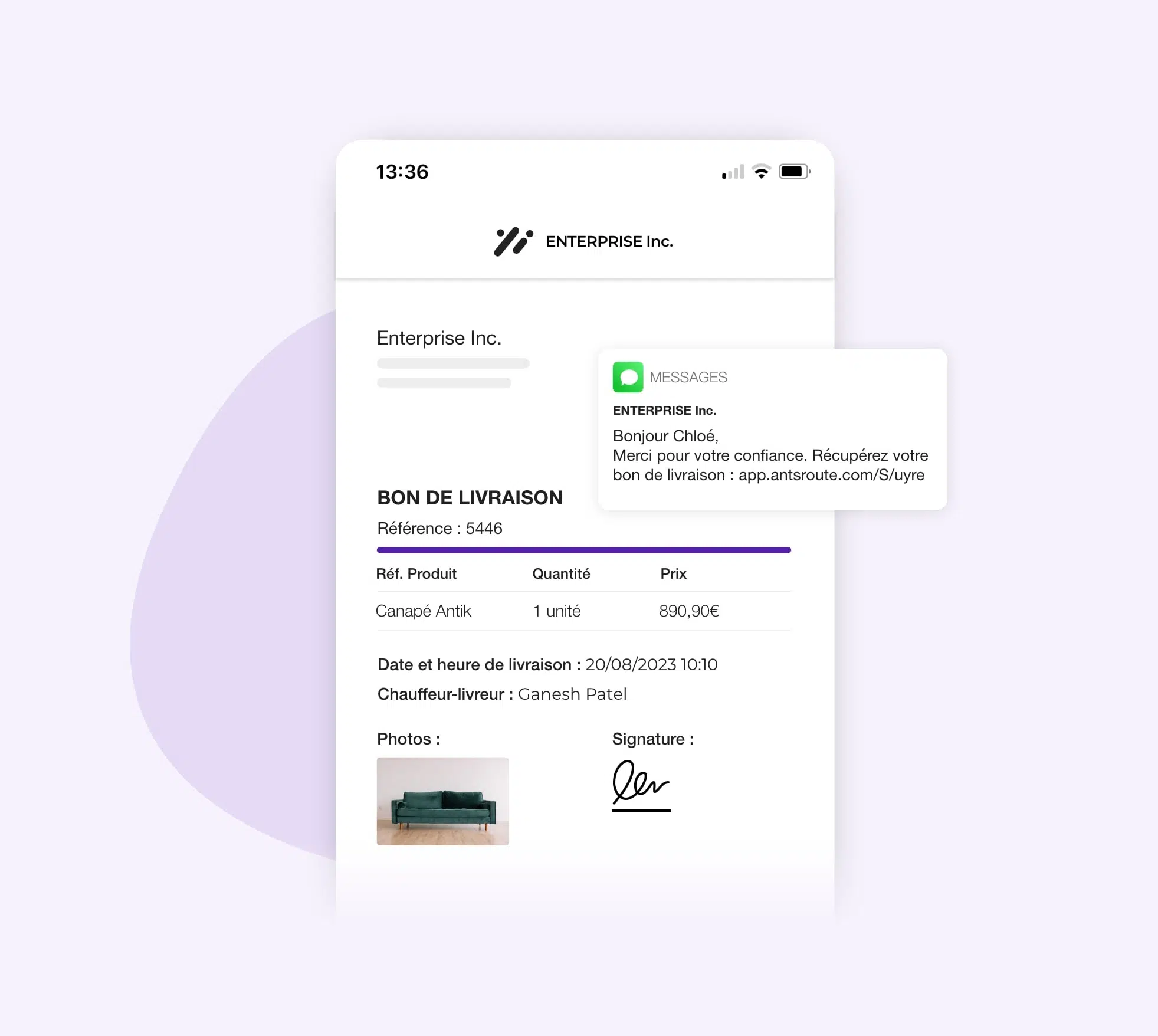 Bon de livraison envoyé au client via une notification AntsRoute.