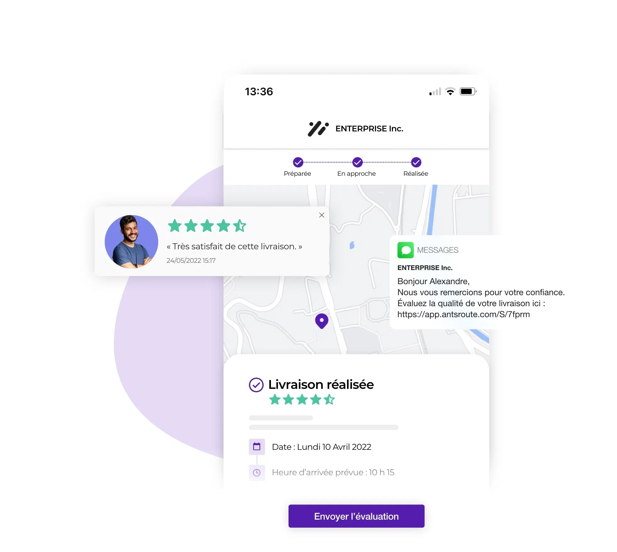 Lien permettant au client d'évaluer la qualité de livraison via une notification AntsRoute.