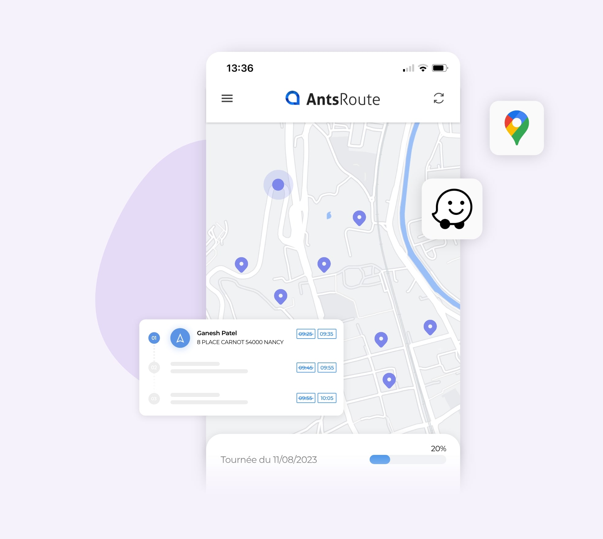 L'application mobile AntsRoute montrant un itinéraire sur une carte.