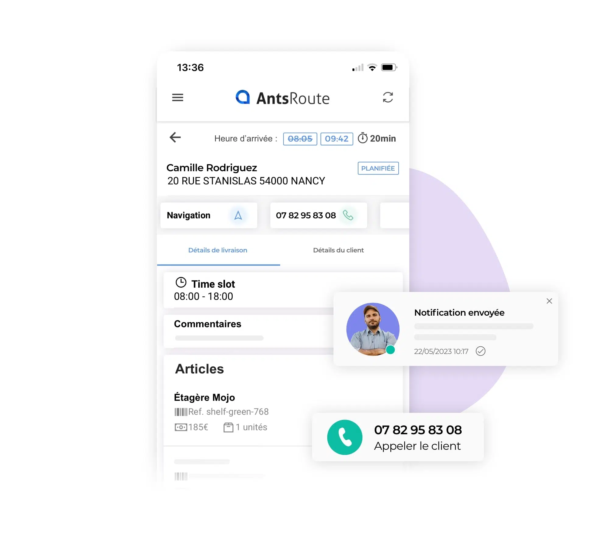 L'application mobile AntsRoute montrant les détails d'une livraison.