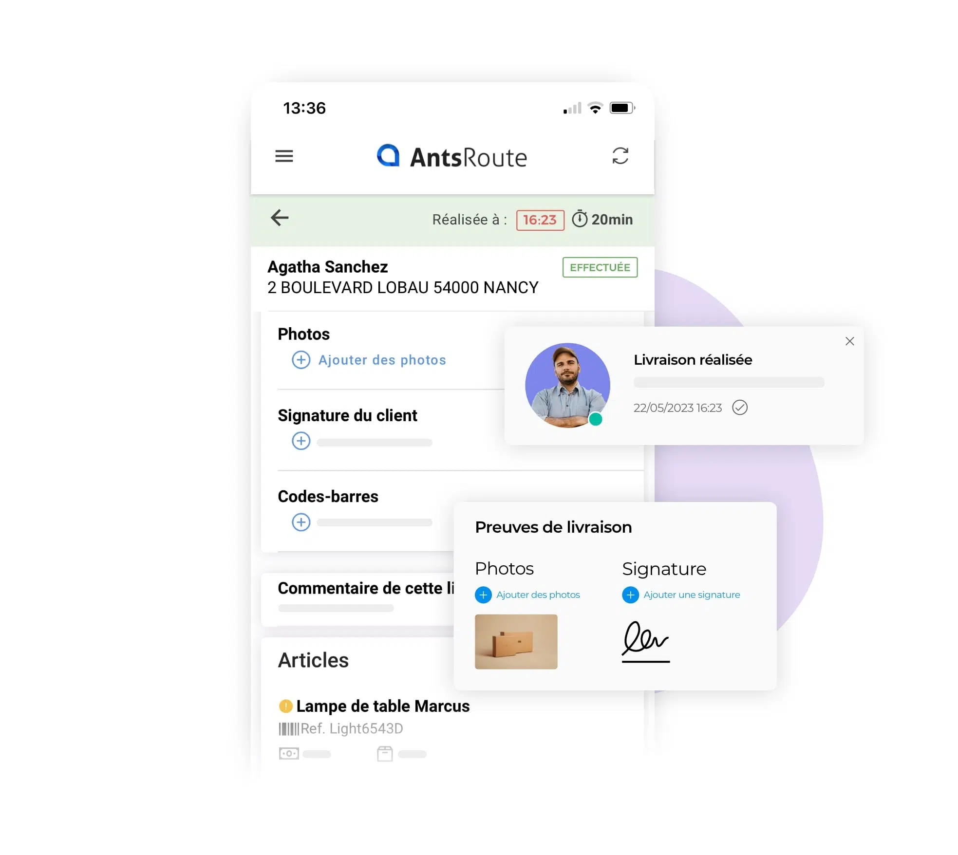 L'application mobile AntsRoute montrant la validation d'une livraison.