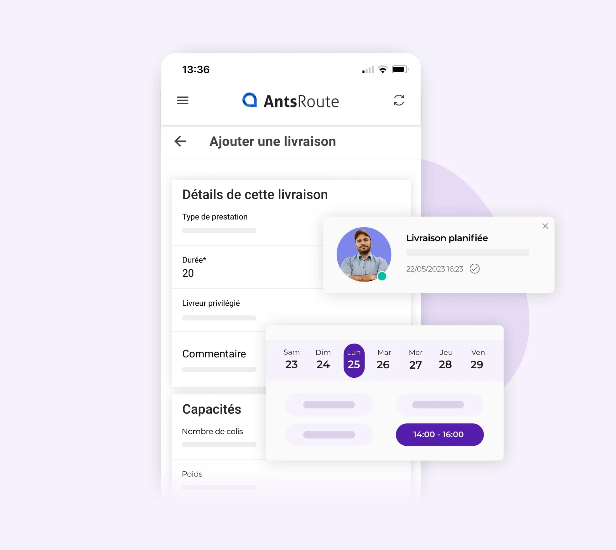 L'application mobile AntsRoute montrant la planification d'une livraison.