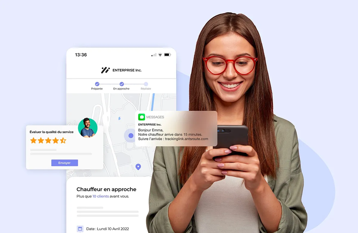 Femme souriante utilisant son smartphone, avec une interface affichant le suivi d’un chauffeur en approche, un message de notification et une évaluation du service.