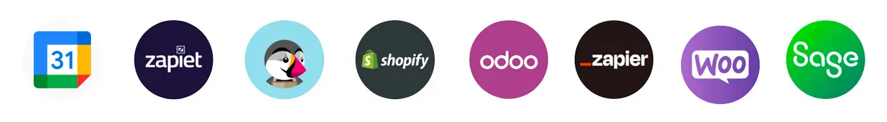 Logos d’intégrations : Google Calendar, Zapiet, PrestaShop, Shopify, Odoo, Zapier, WooCommerce et Sage.