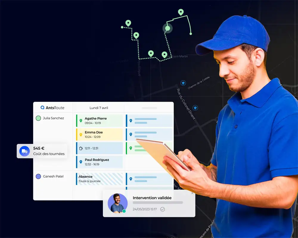 Livreur consultant une tablette devant une interface de planification de tournées avec carte, planning d’interventions et coût affiché.